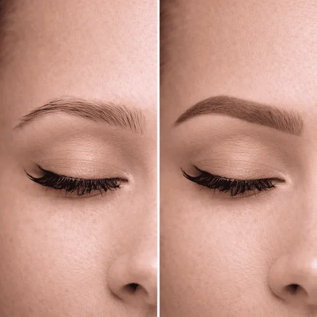 Microshading powder brows before and after — fuller eyebrow result
